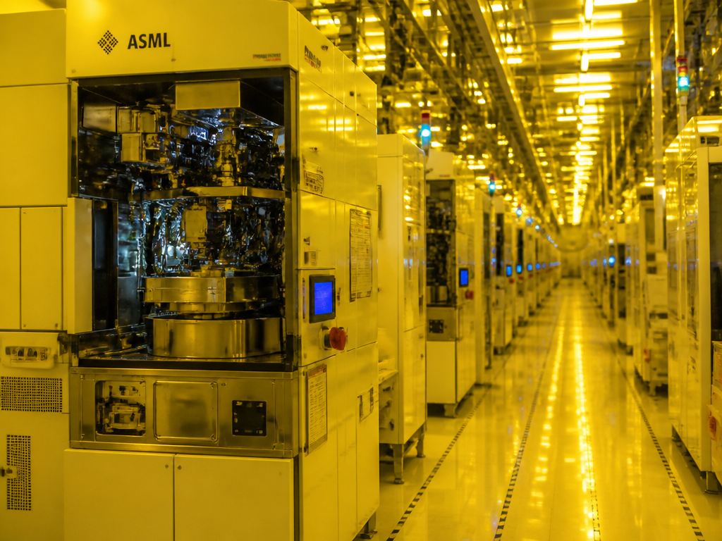 Photorealistic wide-angle photograph of a cavernous semiconductor foundry cleanroom, rows of towering lithography machines…
