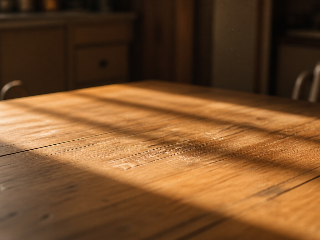 A still life of an empty wooden kitchen table bathed in late afternoon sunlight…
