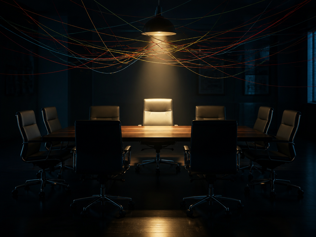A moody, atmospheric photograph of a single empty office chair illuminated by a focused…