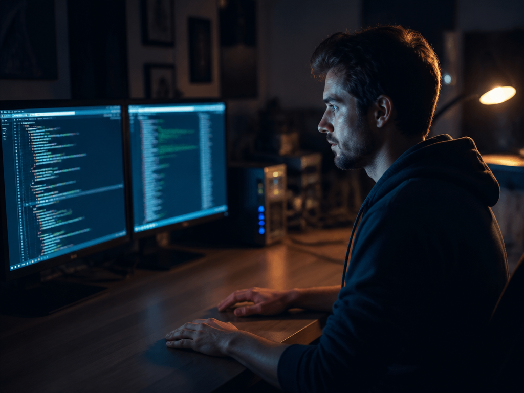 A dimly lit home office at night, captured in a wide cinematic composition, where…