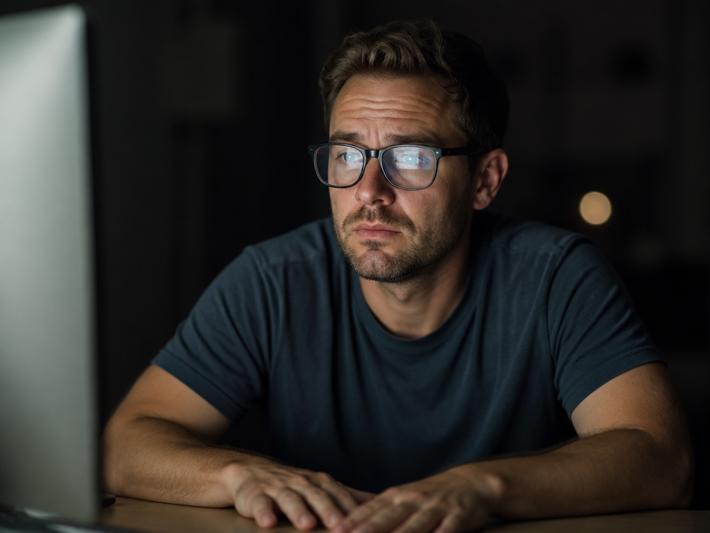 A close-up portrait of a tired man in his late thirties sitting at a…