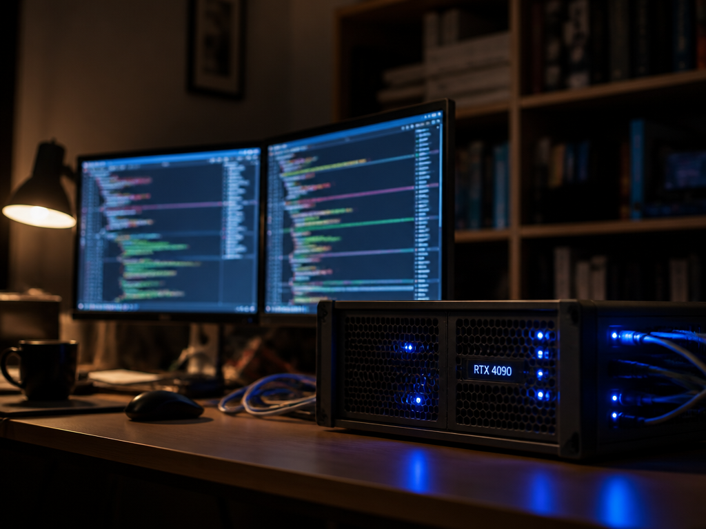 A dimly lit home office at night, a single rented GPU server box glowing…
