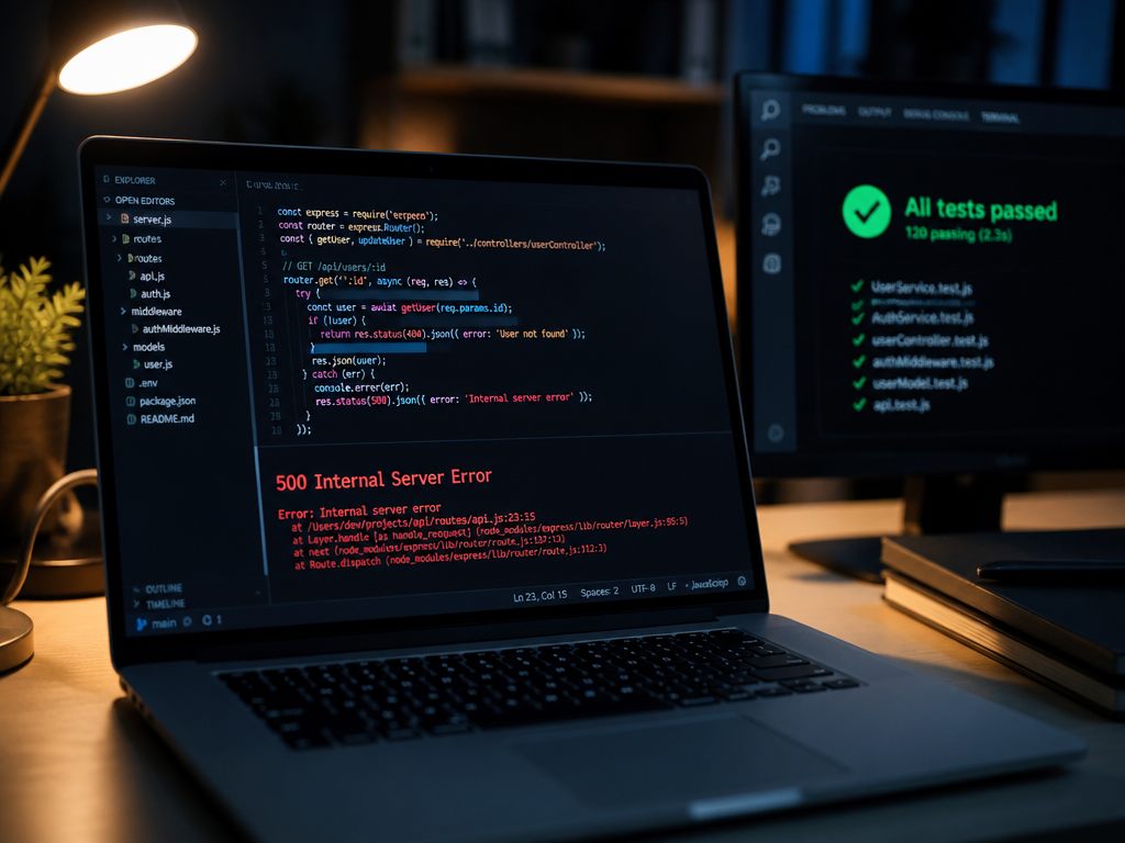 A close-up photorealistic photograph of a software engineer's workspace at night, shot from a…