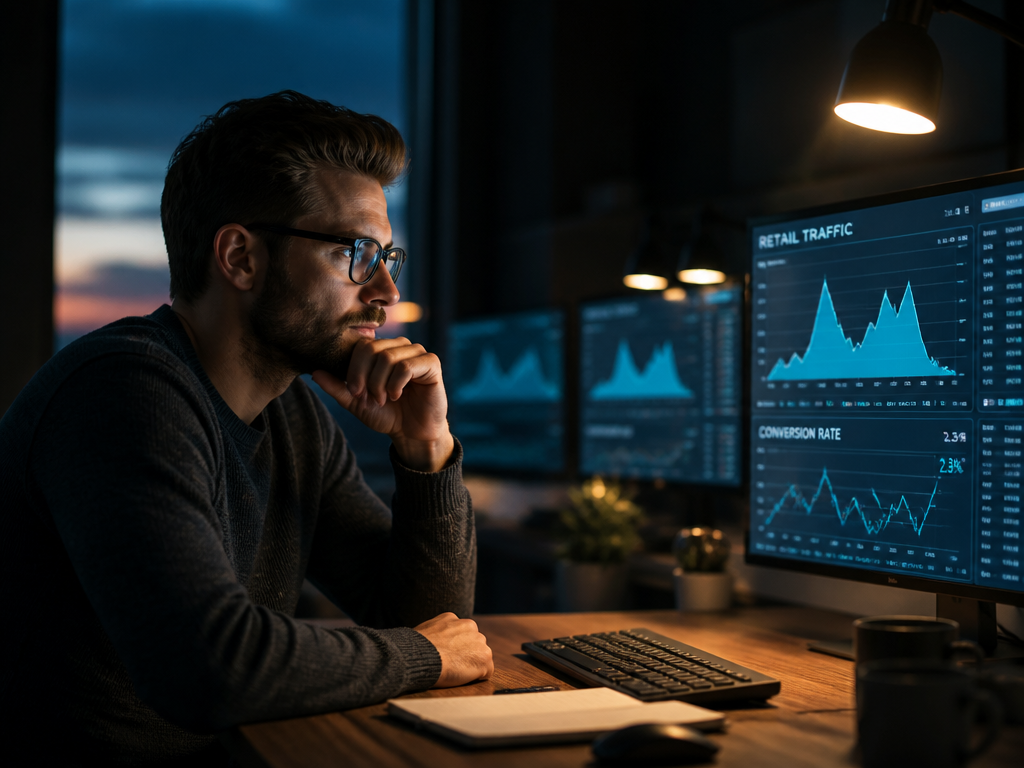 A moody, contemplative photograph of a financial analyst seated alone at a sleek modern…