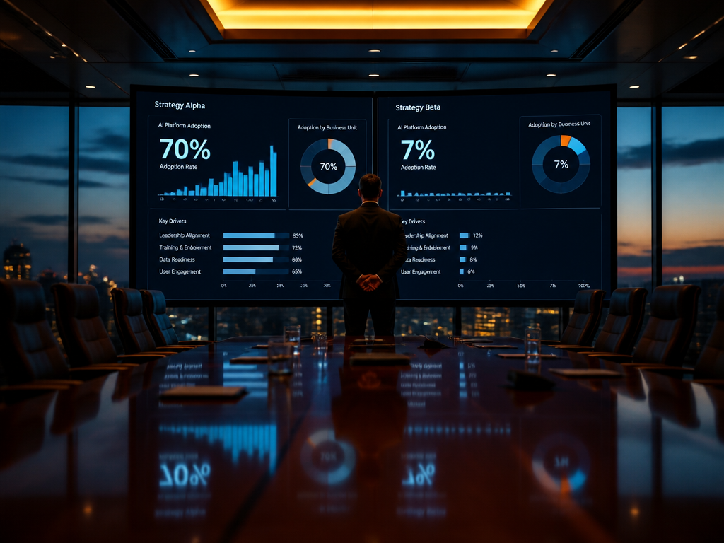 A photorealistic wide-angle shot of a modern corporate boardroom at dusk, where a large…