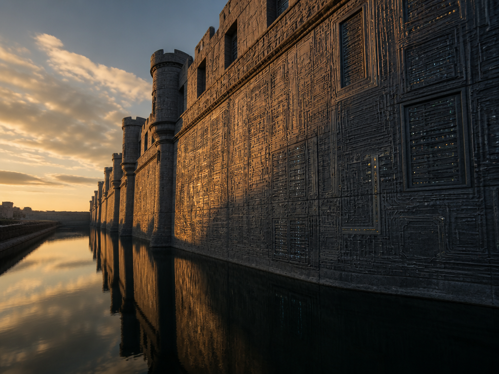A dramatic low-angle photograph of a tall stone fortress wall at golden hour, its…