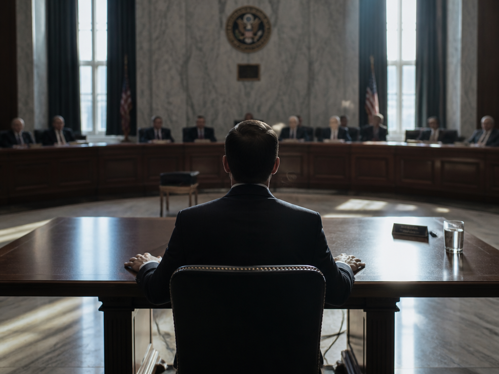 A wide-angle photograph of a U.S. Senate committee hearing room, shot from the back…