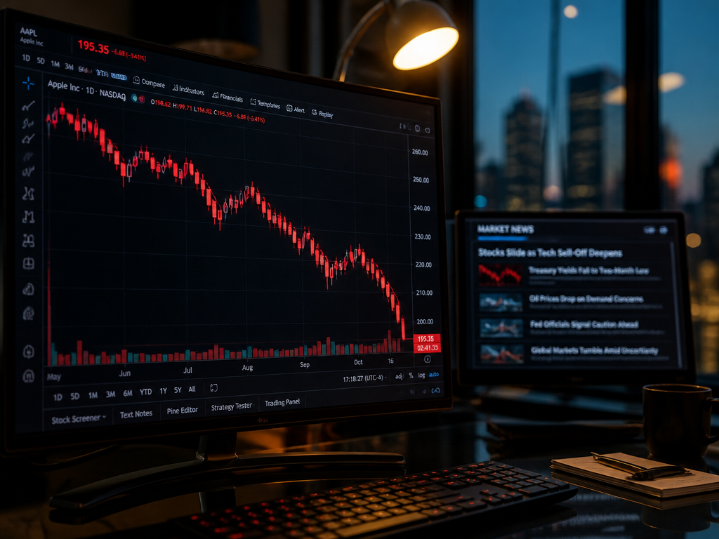 A photorealistic close-up of a sleek financial trading workstation in a dimly lit modern…