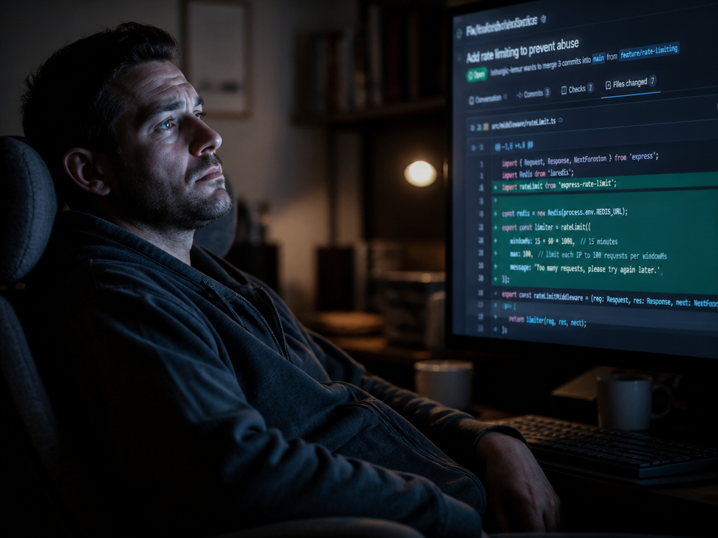A close-up photorealistic photo of a software developer seated at a dimly lit home…