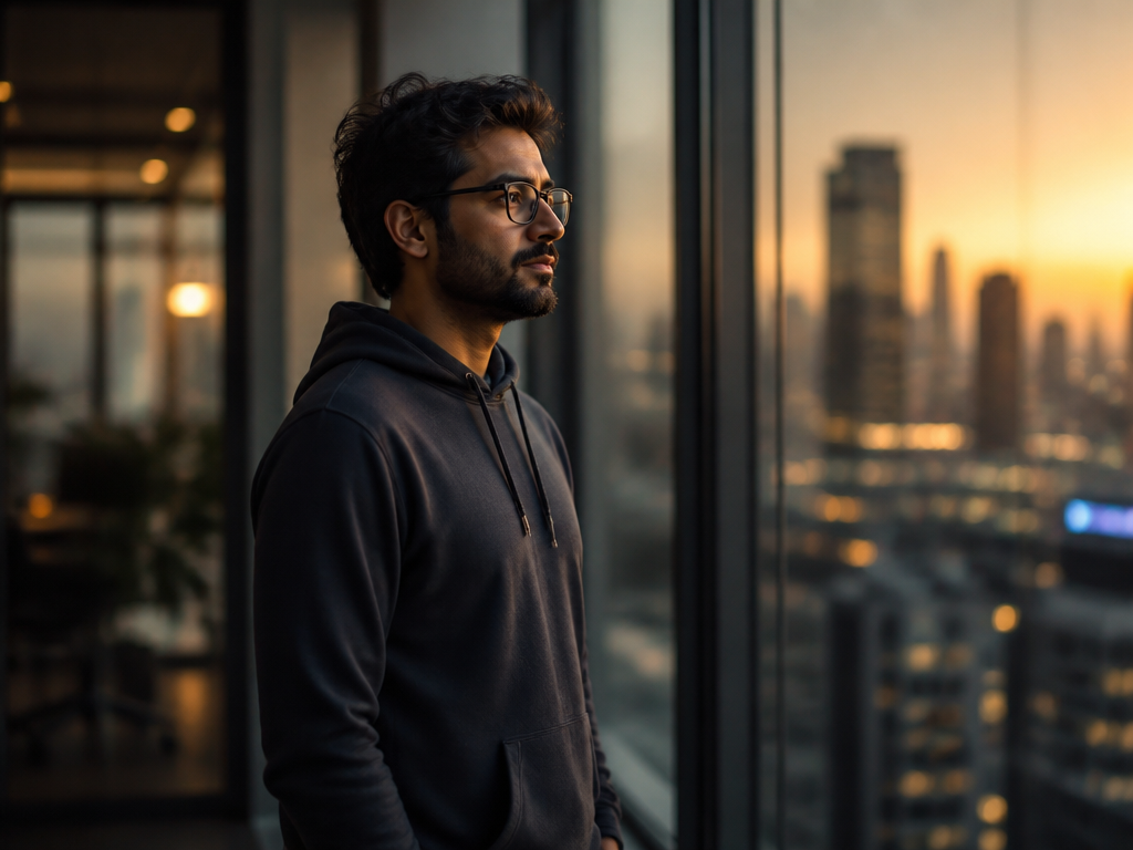 A medium portrait of a thoughtful platform engineer standing alone by a large floor-to-ceiling…