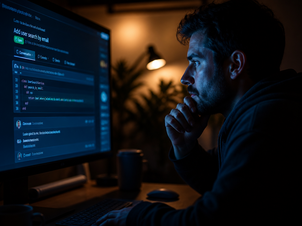 A close-up over-the-shoulder photograph of a software maintainer sitting alone in a dim home…