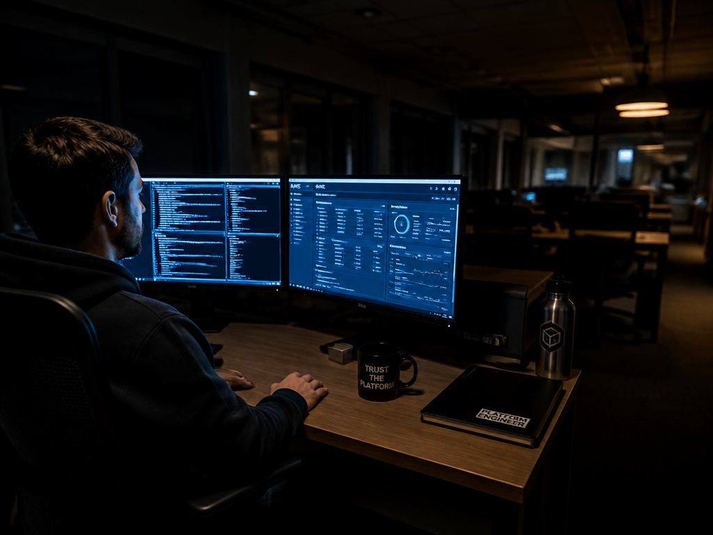 A dimly lit open-plan office at 11pm, photographed with a wide-angle lens at f/2.8…