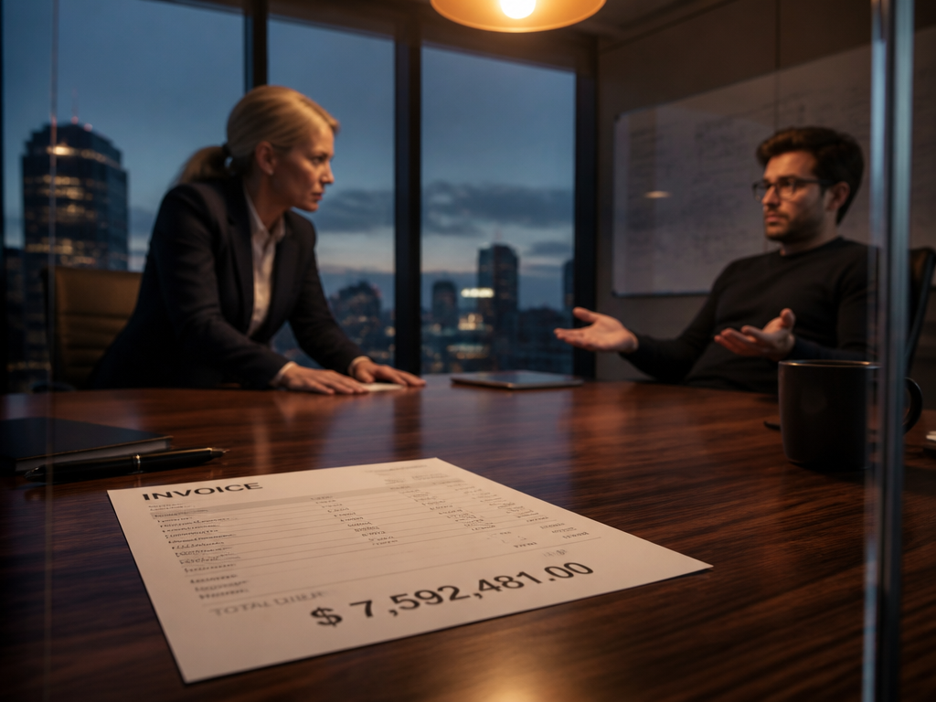 A tense corner-office meeting at dusk, shot through a glass wall with a shallow…