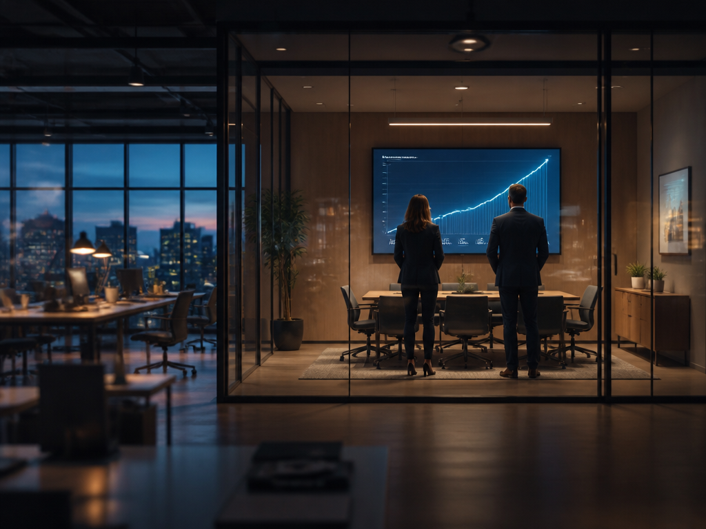A glass-walled modern conference room at dusk seen from across an empty open-plan office…