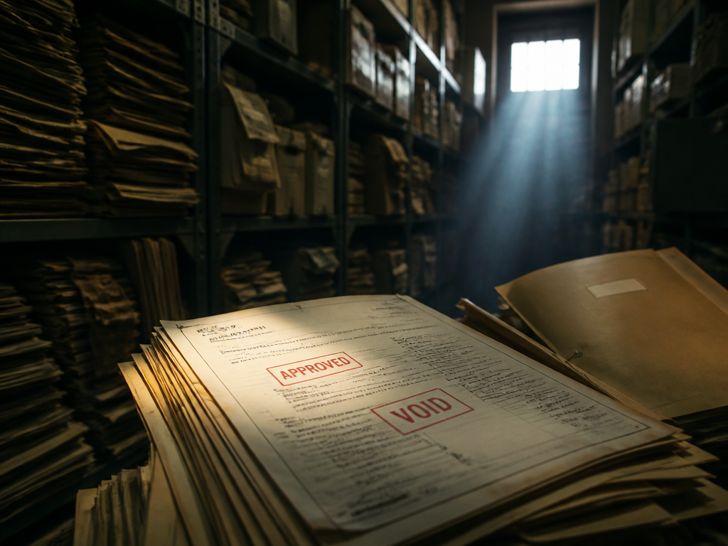 A dimly lit corporate archive room photographed at eye level, towering metal shelves crammed…