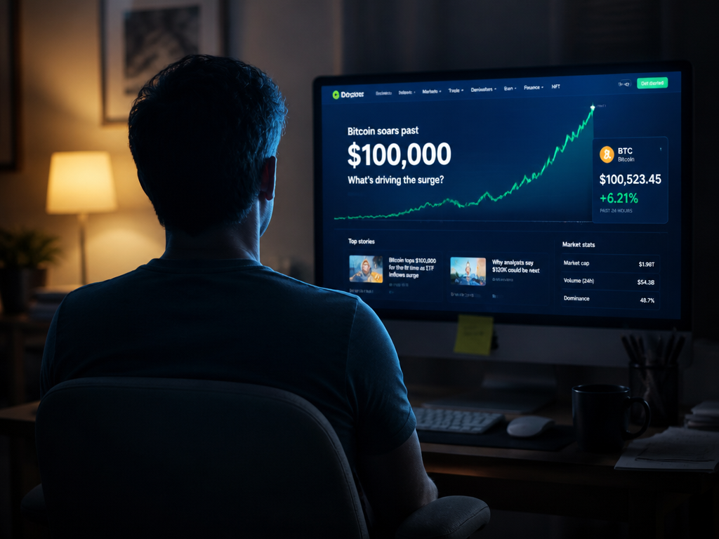 A photorealistic close-up of a lone investor seen from behind, sitting in a dim…