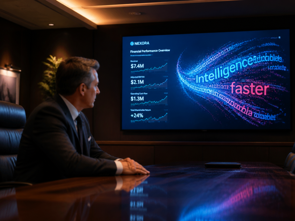 A sleek modern boardroom photographed in cinematic style, where a polished software demo glows…