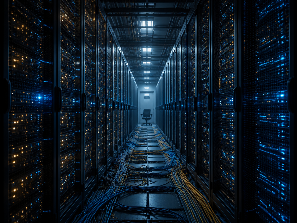 A wide-angle photorealistic photograph of a dimly lit modern data center corridor at night…