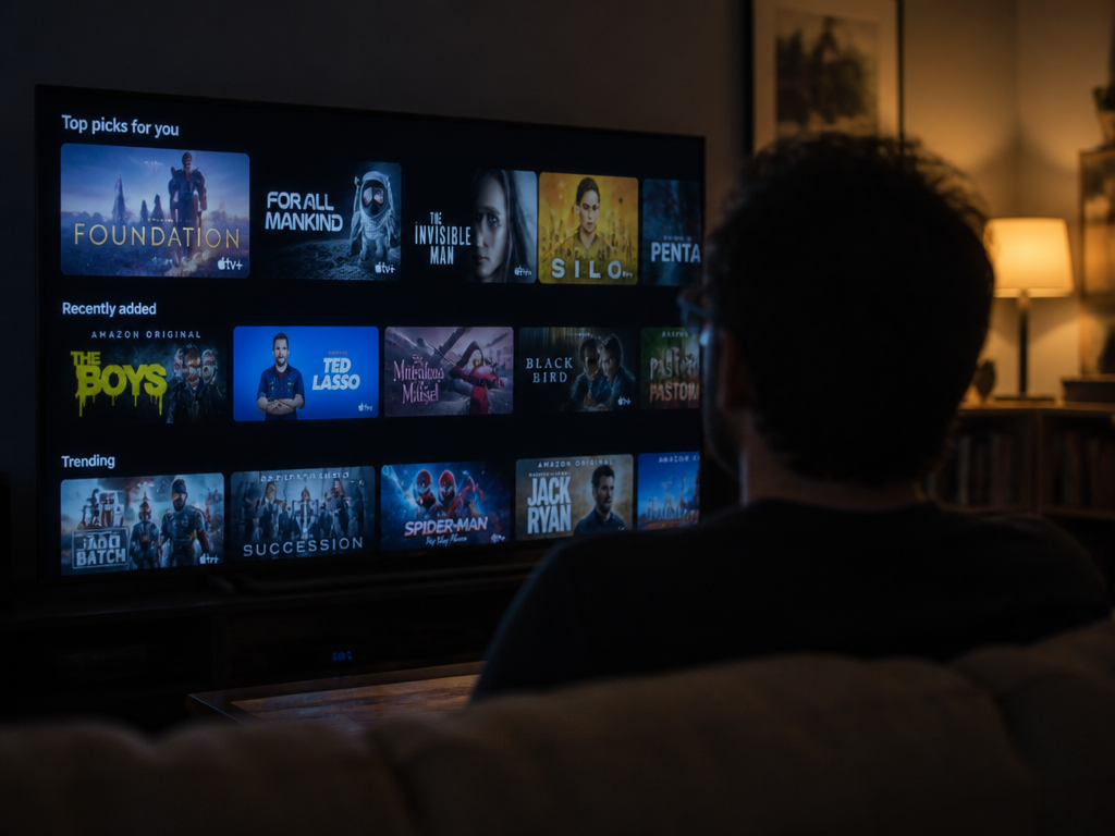 A close-up over-the-shoulder composition of a large dark living-room television displaying a grid of…