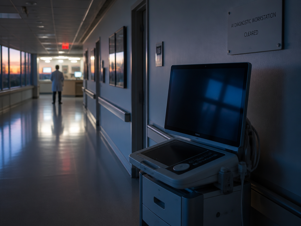 A dimly lit modern hospital corridor at dusk, photographed with a wide-angle lens and…