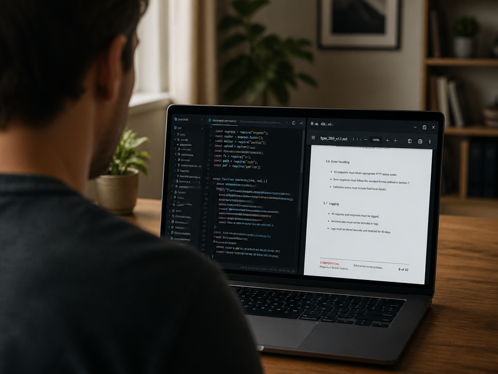 A close-up over-the-shoulder photograph of a software developer seated at a minimalist wooden desk…