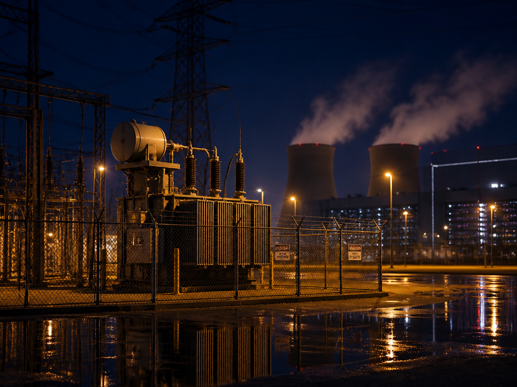 A nighttime exterior of a power substation feeding a data center campus, photographed with…