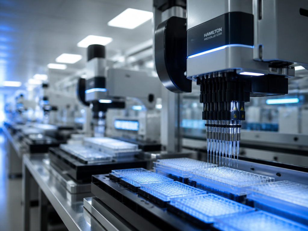 A wide-angle photorealistic photograph of a modern automated biology lab, gleaming robotic liquid-handling machines…