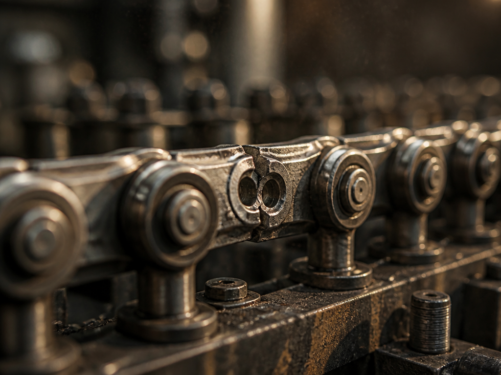 A macro photograph of a vintage manufacturing assembly line in a dim industrial workshop…
