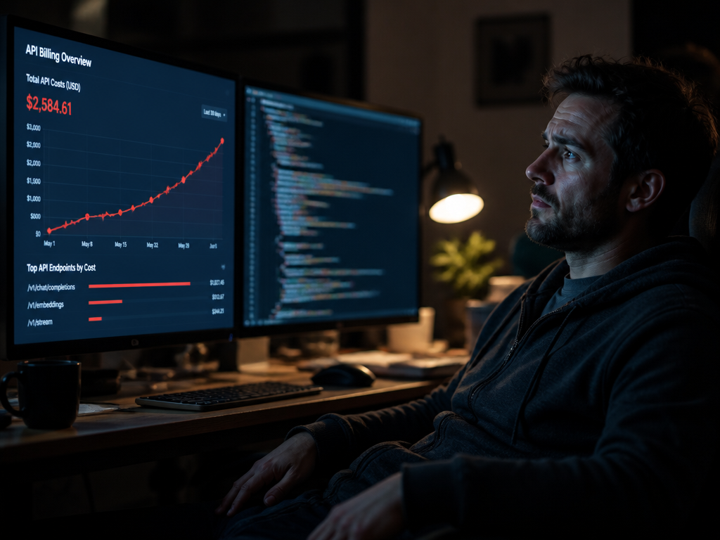 A close-up photorealistic shot of a software developer's dimly lit home office at night…