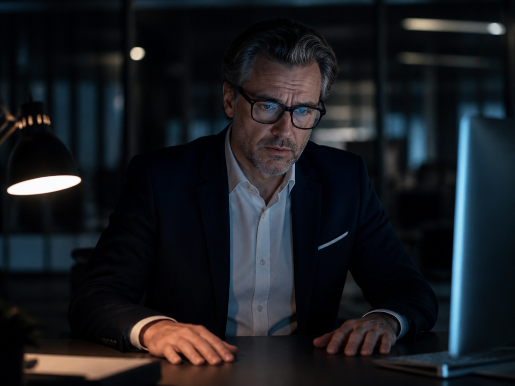 A pensive executive in his early fifties sits alone at a sleek office desk…