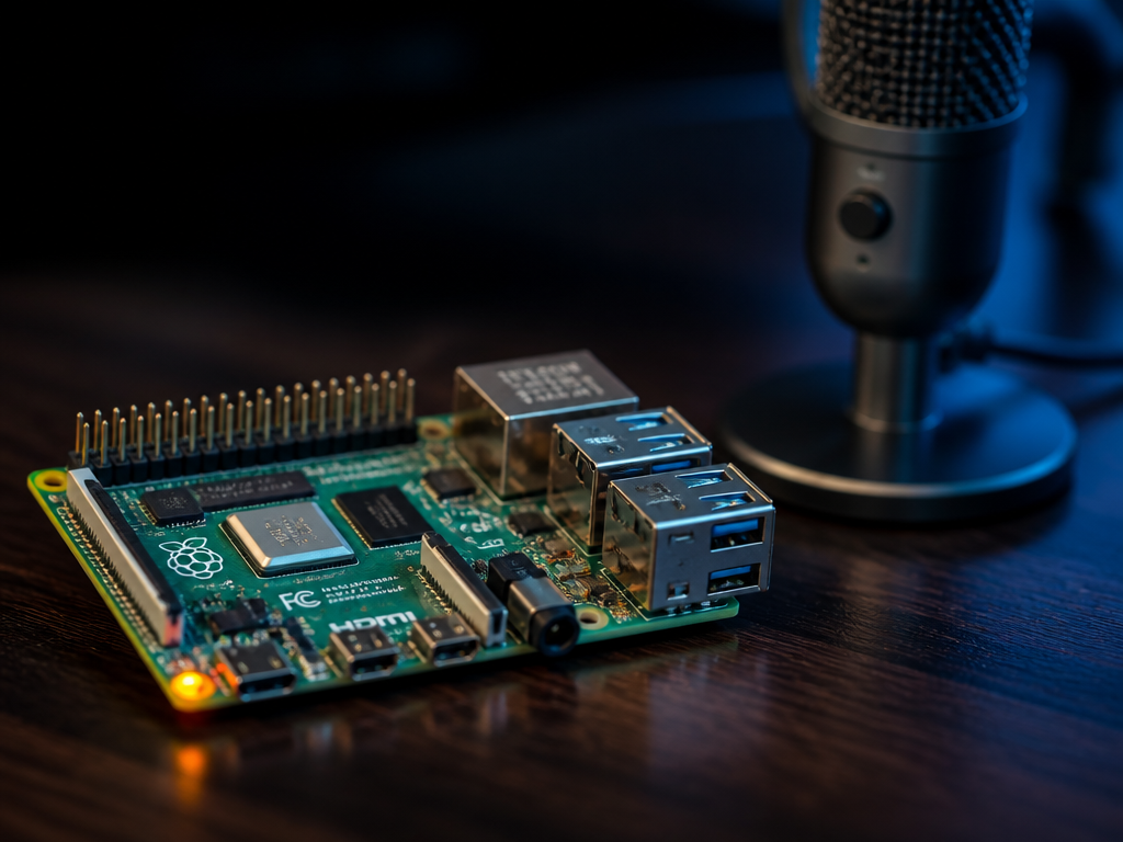 Close-up macro photograph of a Raspberry Pi 4 single-board computer resting on a dark…
