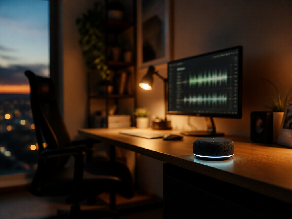 A softly lit home office at dusk, warm ambient light from a desk lamp…