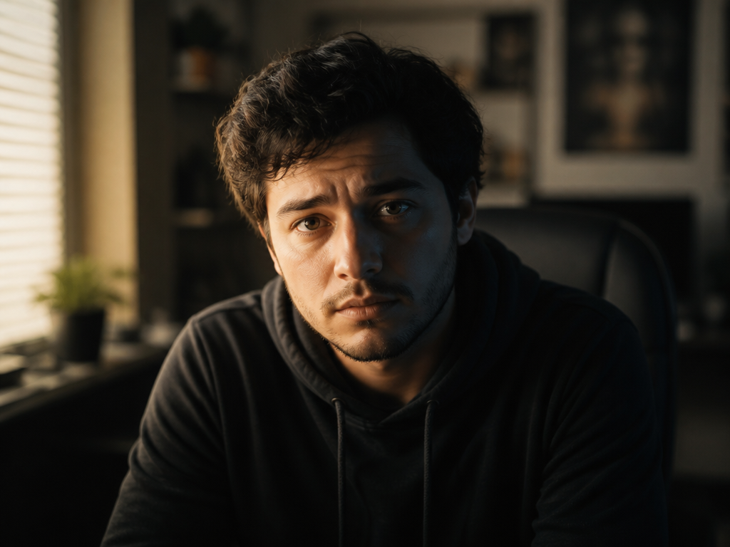 A close-up split-lighting portrait of a young games-industry job seeker seated in soft window…