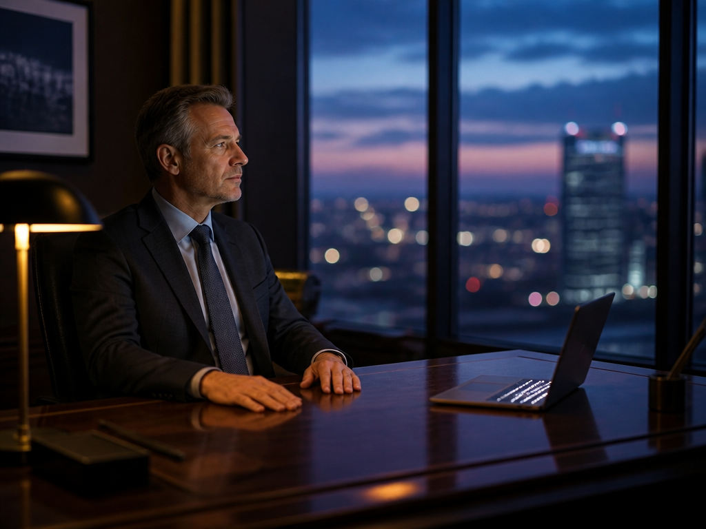 A pensive executive in his early fifties seated alone at a sleek modern desk…