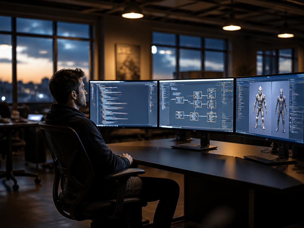 A photorealistic wide shot of a modern game studio workspace at dusk, a lone…
