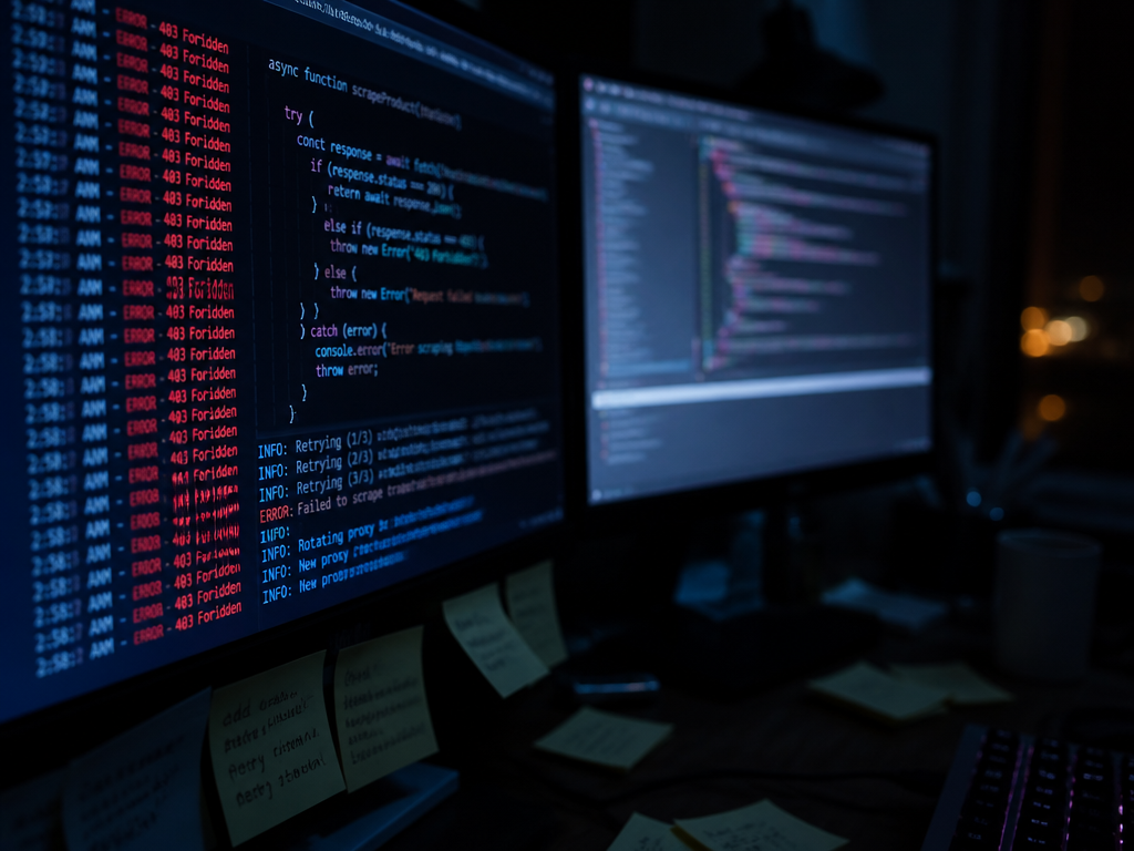A close-up photorealistic shot of a developer's dual-monitor setup in a dim home office…