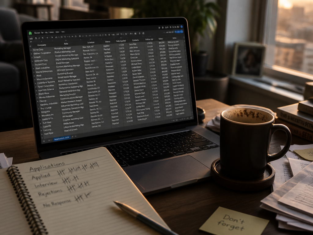 A close-up desk scene shot from a slightly elevated angle: an open laptop displaying…