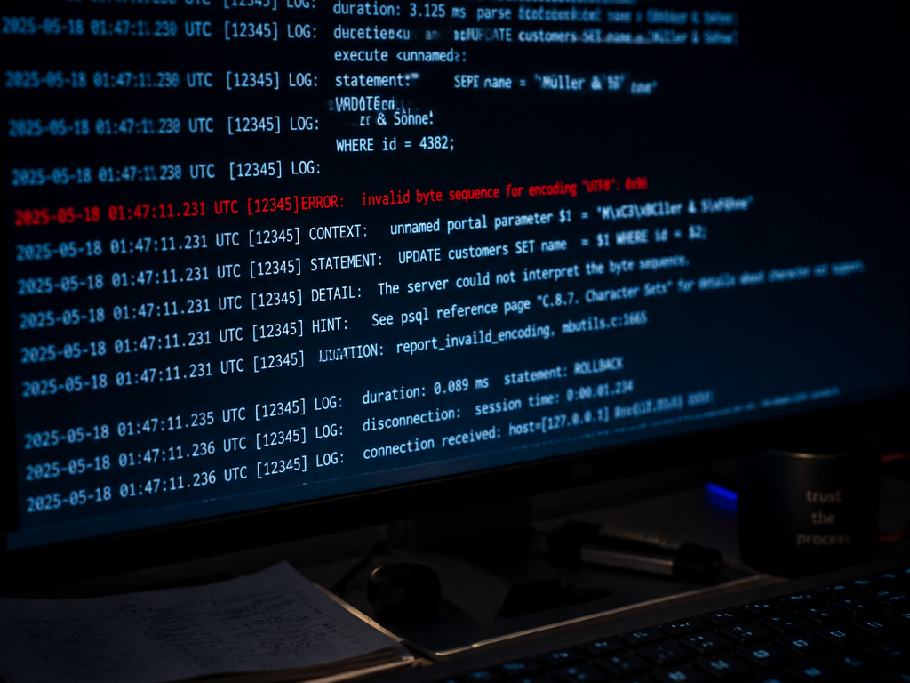 A moody, close-up macro photograph of a widescreen computer monitor in a dim, late-night…