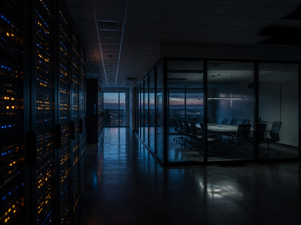 A wide-angle photorealistic photograph of a dim, empty corporate data-staging room in a regional…