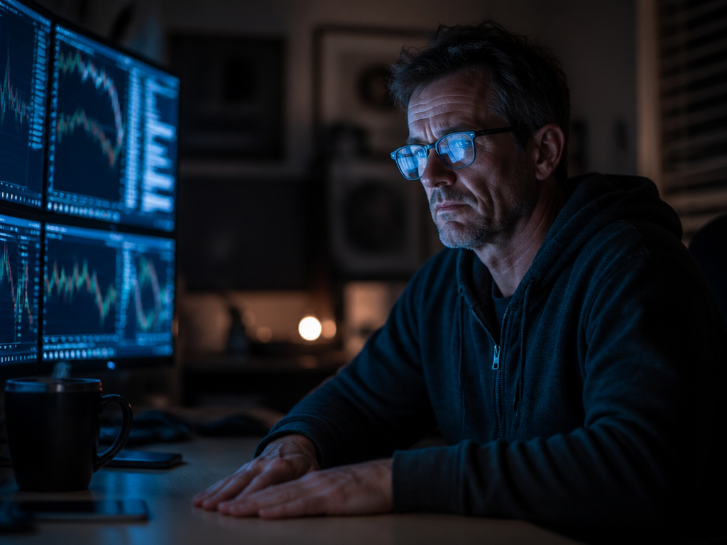 A lone retail investor sitting alone at a dim home office desk late at…