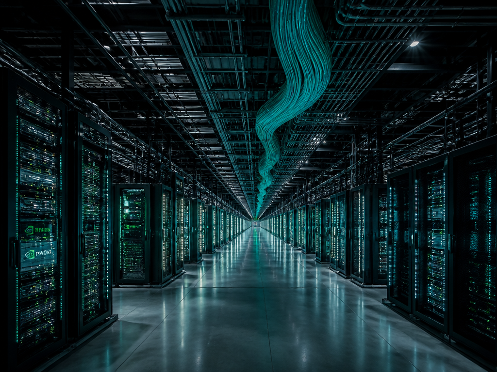 A vast modern data center interior with endless rows of glowing server racks stretching…