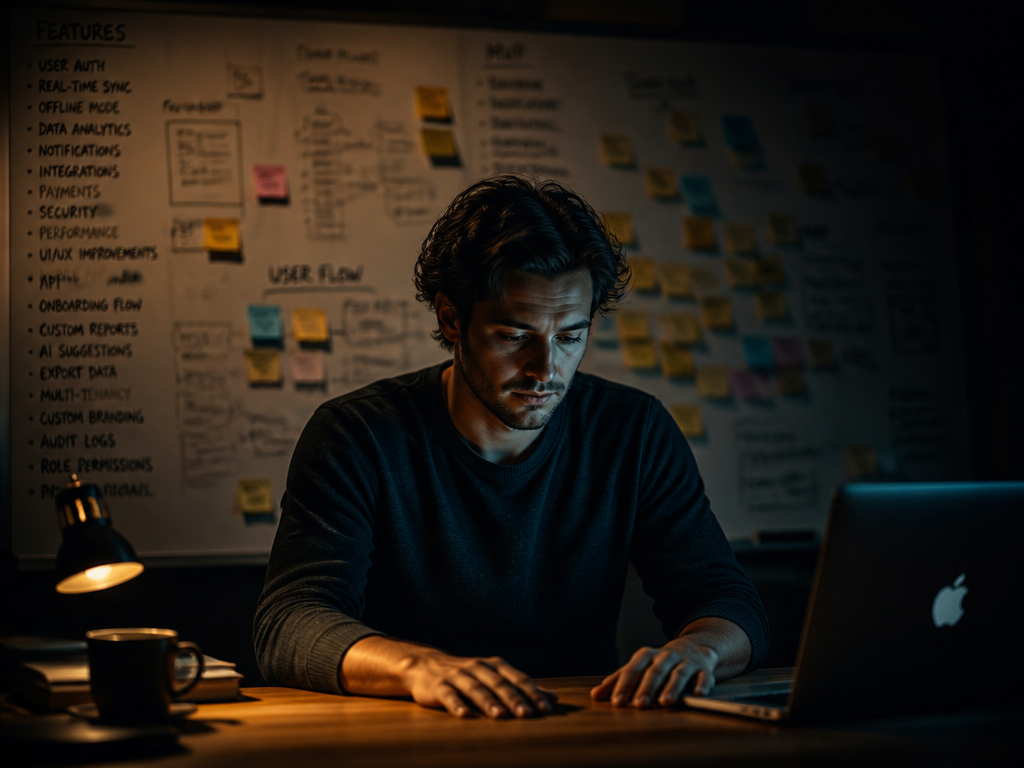 A solitary founder sits alone at a dimly lit desk late at night, illuminated…