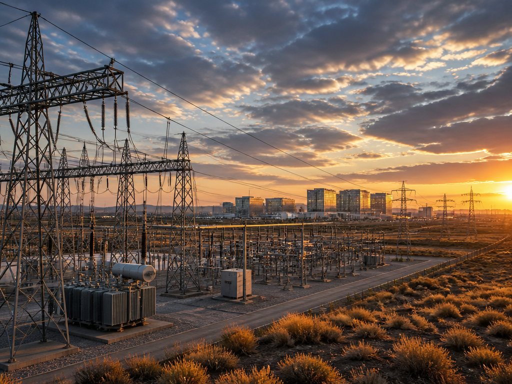 Wide-angle architectural photograph of a high-voltage electrical substation at golden hour on the open…