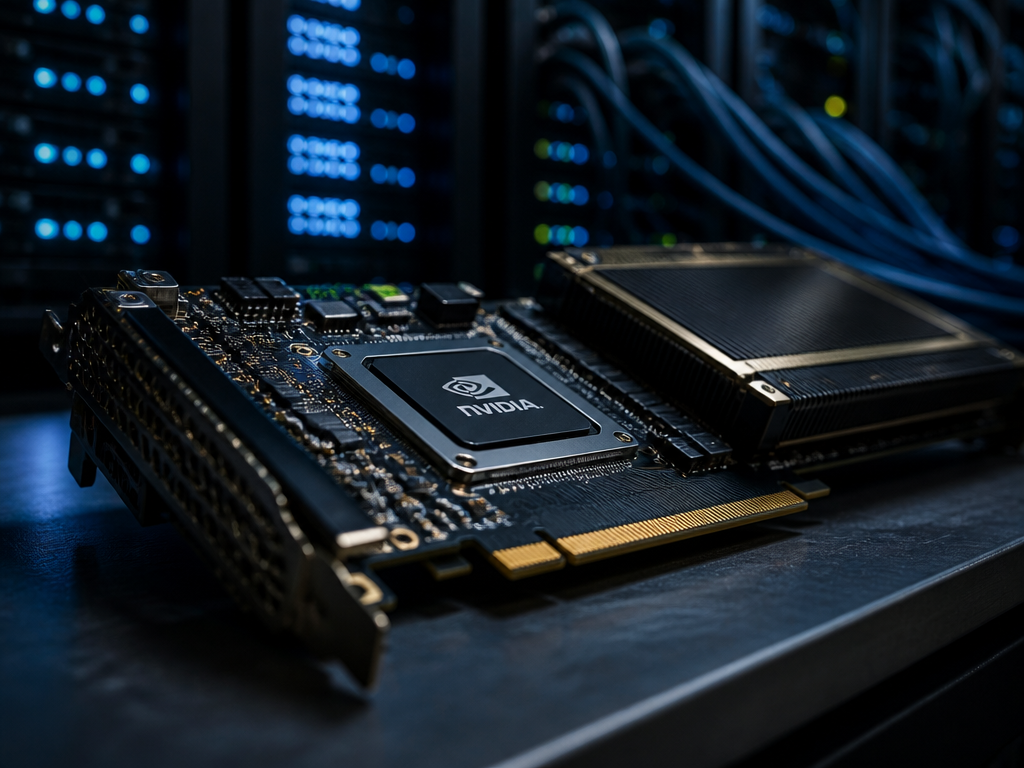 A tightly cropped macro photograph of a single high-end data-center GPU resting on a…
