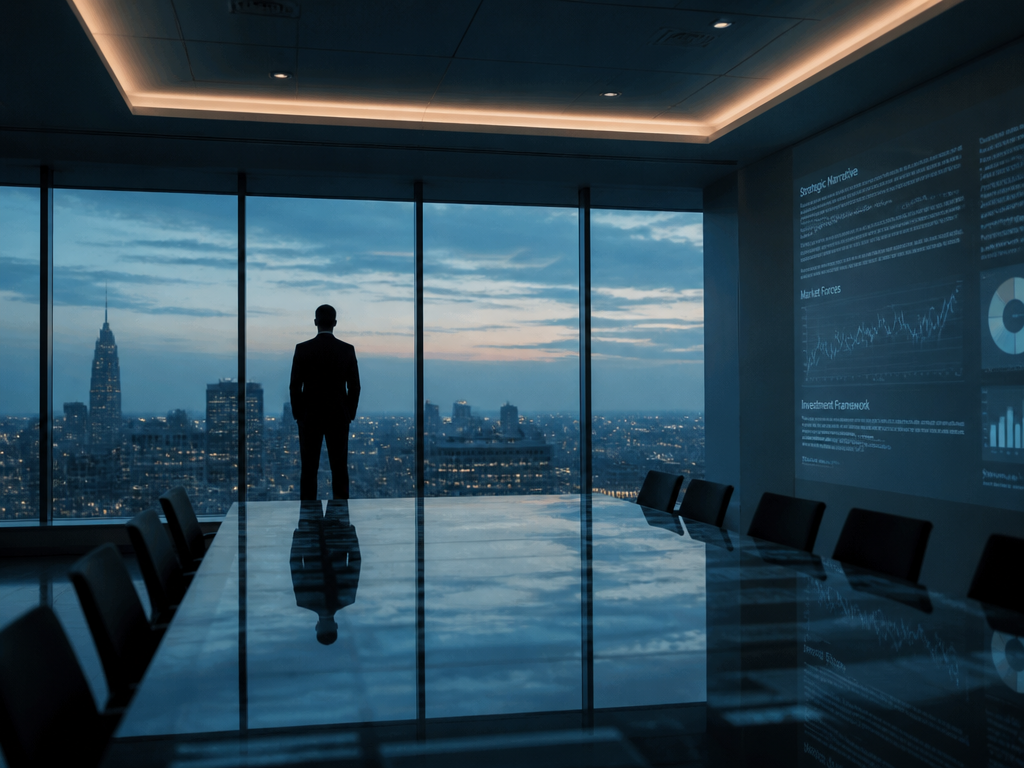 A wide, coolly lit corporate boardroom photographed with a 35mm lens at f/4, deep…