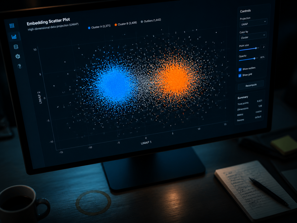 A close-up overhead shot of a high-resolution computer monitor displaying a vivid scatter plot…