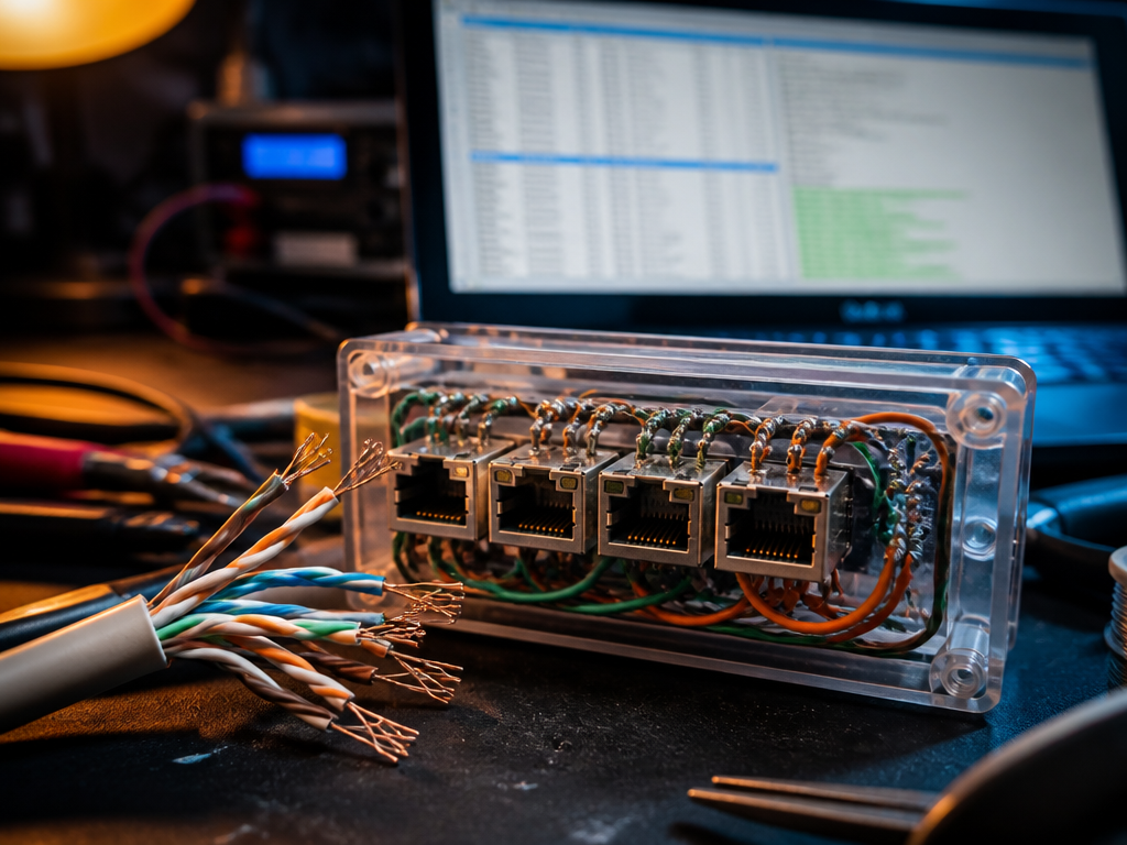 Extreme close-up macro photograph of a hand-built passive Ethernet tap on a cluttered electronics…