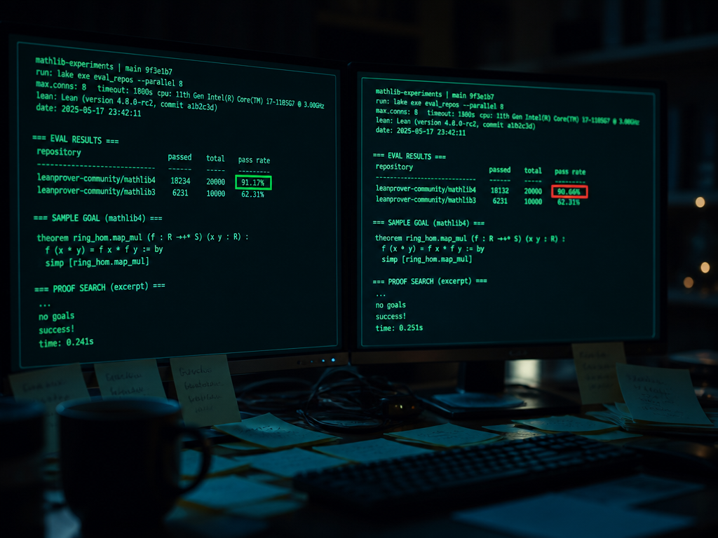 A dimly lit home office at night, photographed from a low three-quarter angle, showing…