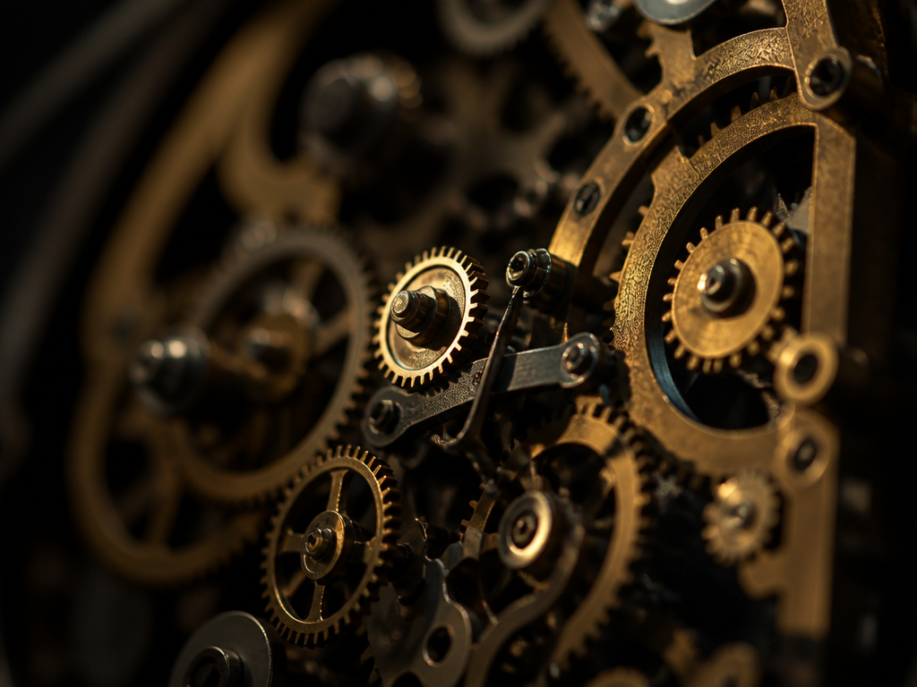 A close-up macro photograph of an intricate brass and steel clockwork mechanism, dozens of…