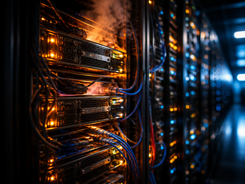 A photorealistic close-up macro shot inside a server room, rows of GPU racks glowing…